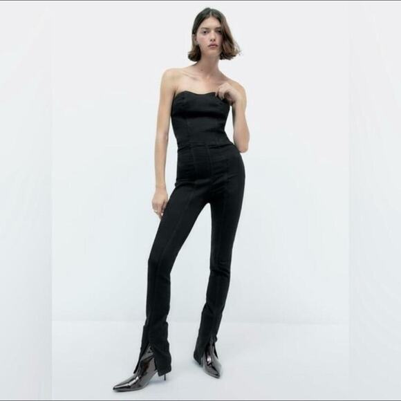 Zara Strapless Black Denim TRF Stretchy Jumpsuit Size Large 8197/249 - Picture 1 of 16